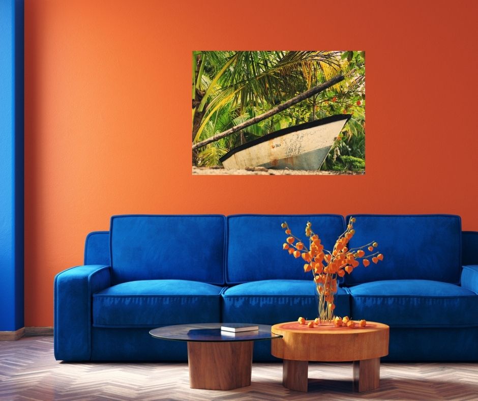 Mockup salon déco couleurs orangées toile fine 61x91 cm
