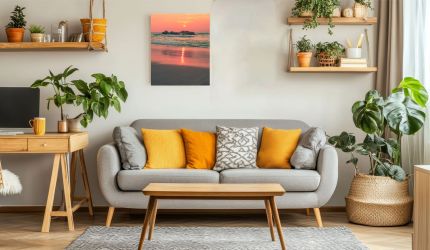 Toile murale Mexique format vertical intermédiaire - Mockup dans salon déco bohème pour effet énergisant aux couleurs orange et rosées - Un air de loin