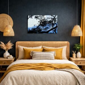 Mockup chambre murs bleus et Boho - Tableau bleu moderne Un air de loin