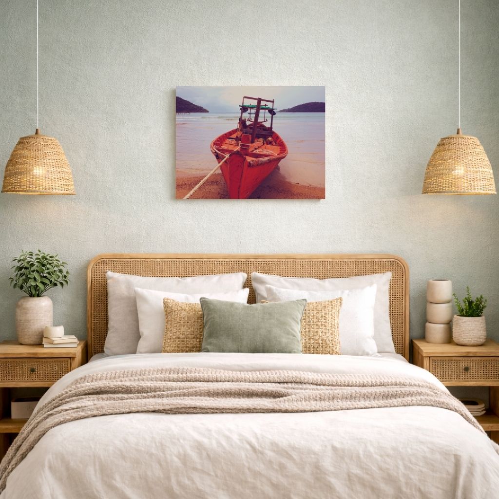 Mockup chambre murs verts sauges - Tableau bateau mer 41x51cm