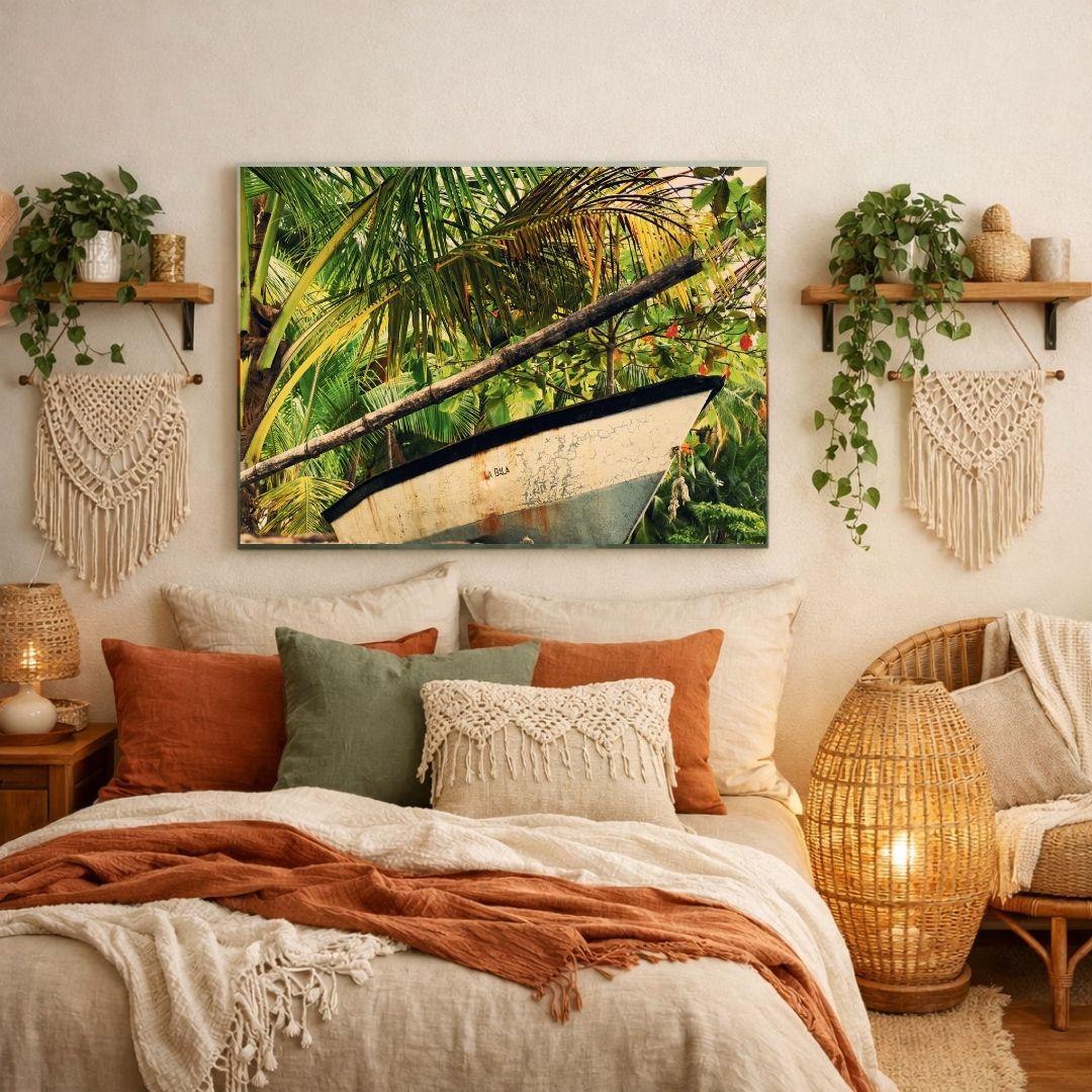 Mockup idée déco toile murale chambre style Bohème