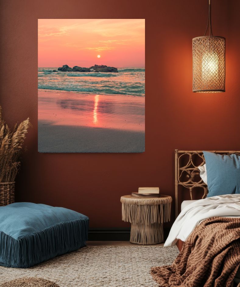 Tableau décoratif mural chambre - Grand format vertical - Coucher de soleil Mexique - Mockup chambre rouge - Un air de loin